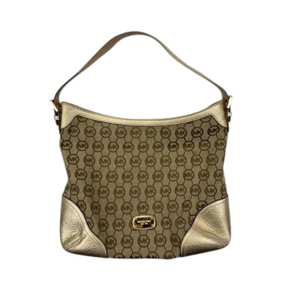 Michael Kors Medium Tan Canvas Leather Hobo Shoulder Bag Gold Signature Logo - Picture 1 of 16
